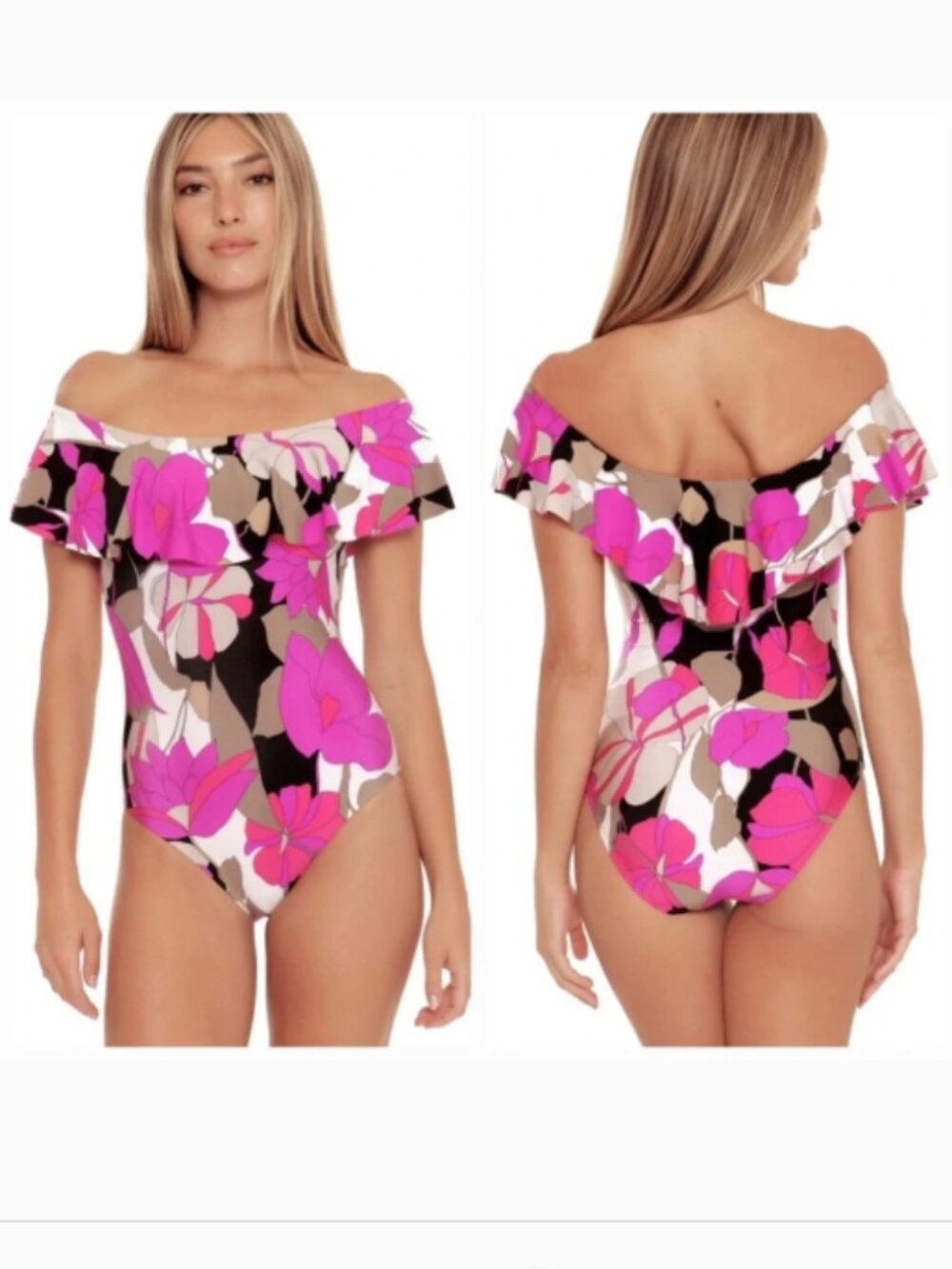 Trina Turk Lynx Gemini Off-Shoulder Floral One-Piece Swimsuit, size 8